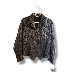 NWT IMPRESSIONS Grey/Black Flocked  Holiday blouse ‎ Womens Petite M